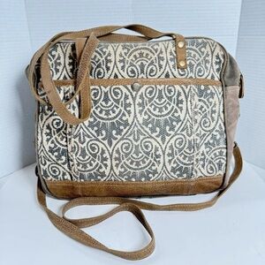 Leather, Navy, and Cream Patterned Myra Bag